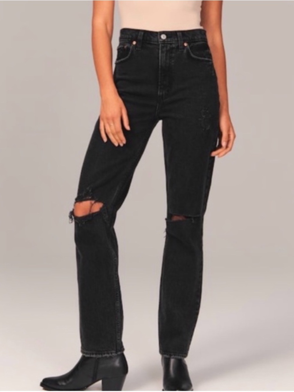 Abercrombie & Fitch Black High-Rise Distressed Straight Jeans